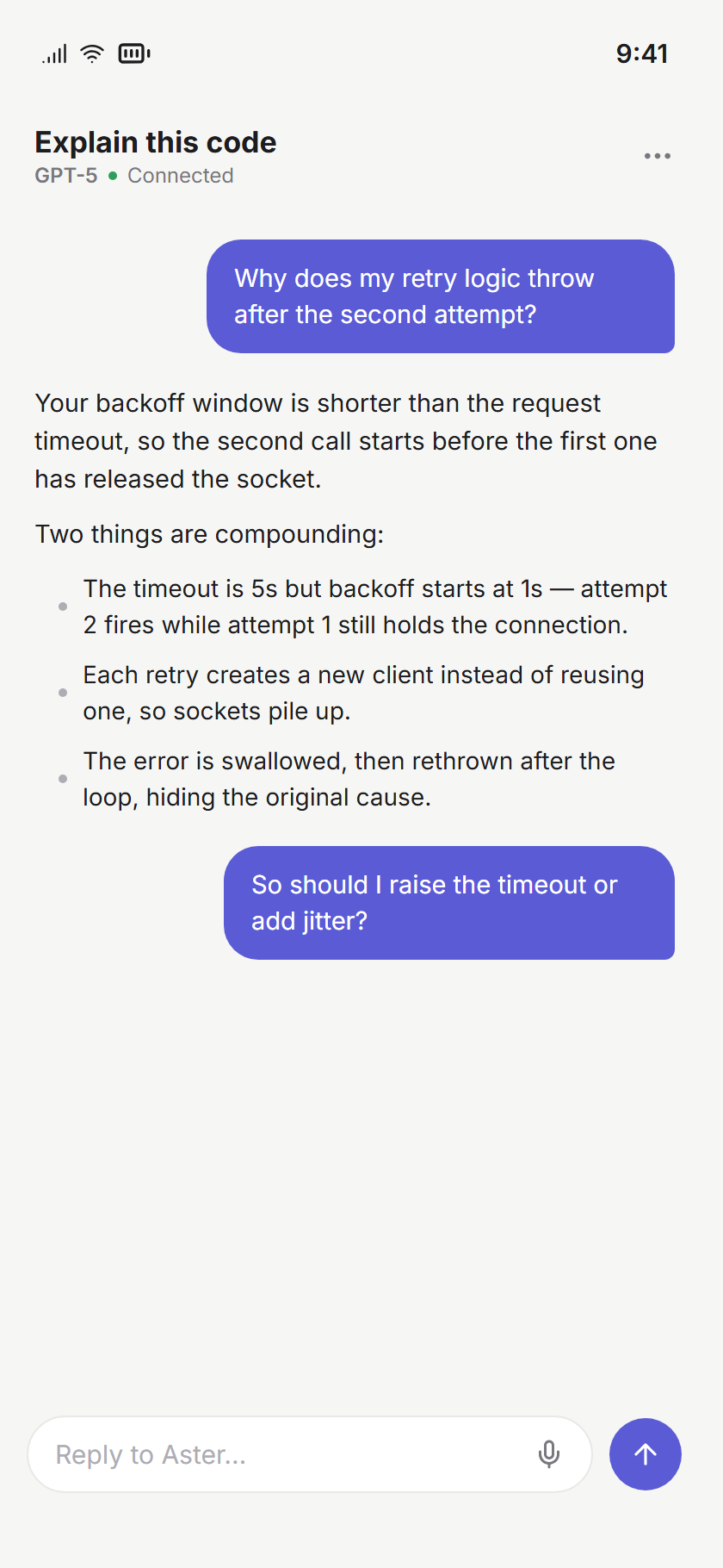 An active Aster chat conversation