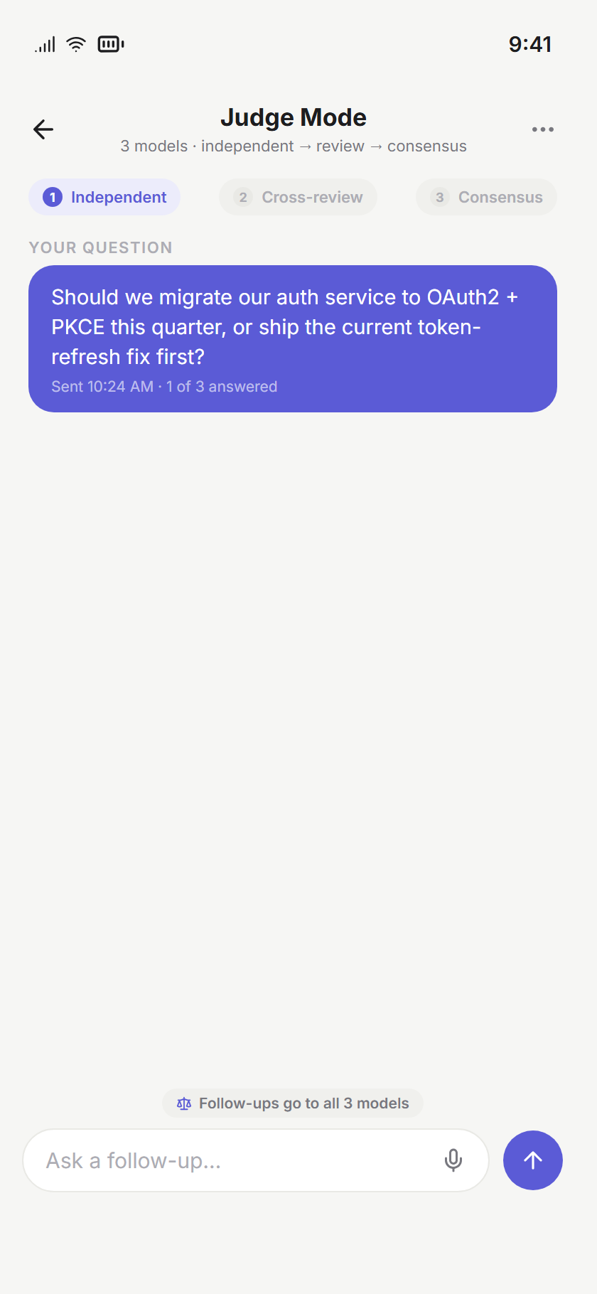 Judge Mode transcript with stage pills and collapsible sections