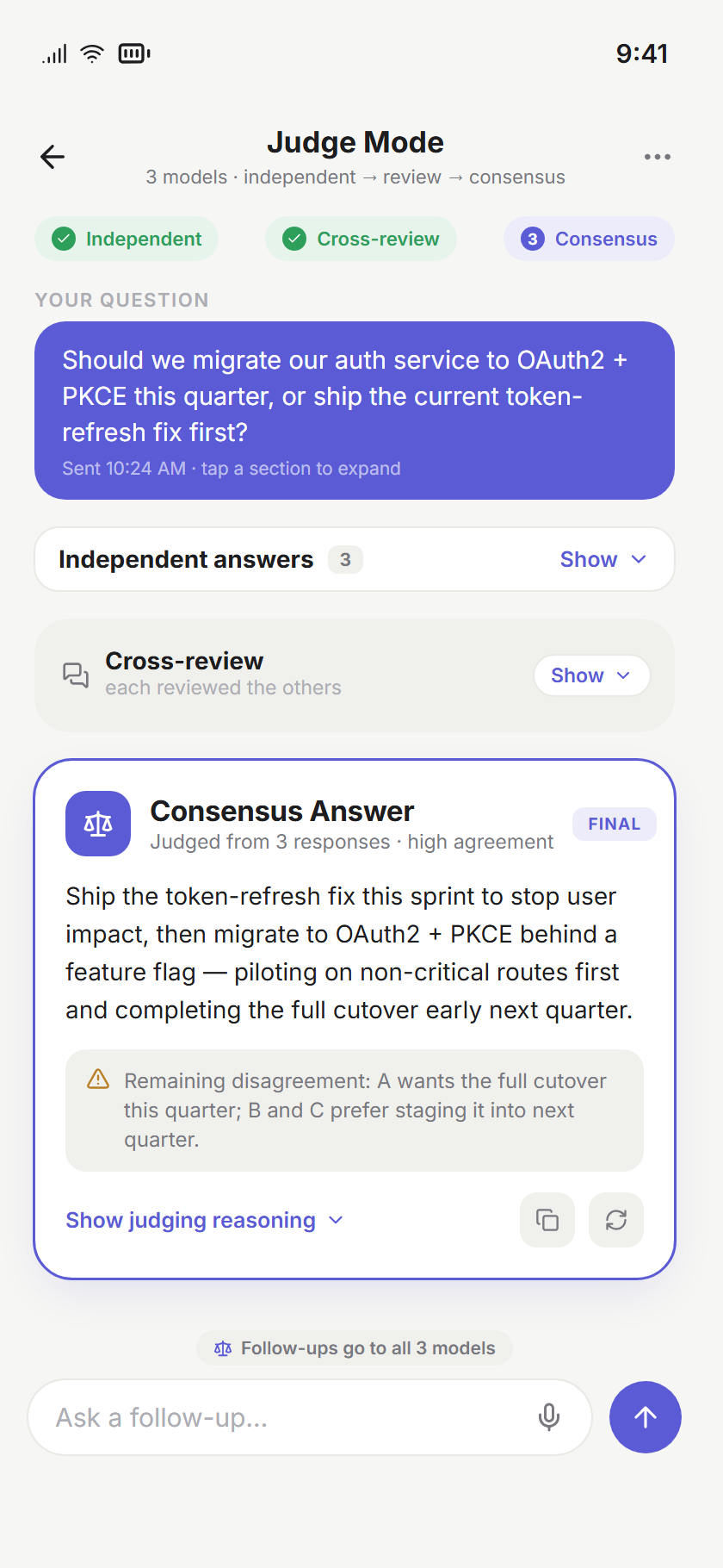 A collapsed judge session showing the Consensus Answer